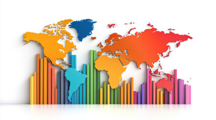 colorful world map with vibrant bar graphs representing economic data analysis. This digital illustration showcases global trends and statistics in visually appealing manner