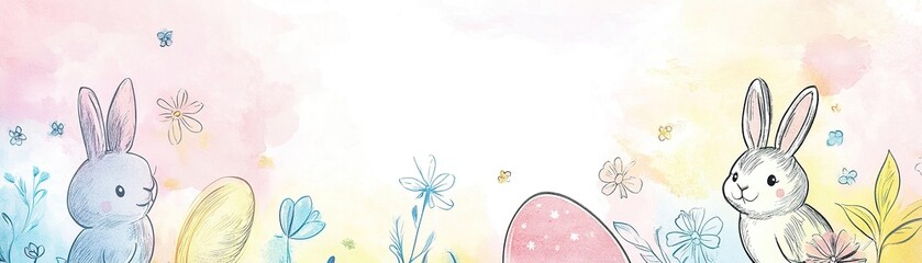 Fototapeta premium Playful hand-drawn Easter doodle background with bunnies, chicks, flowers, and eggs in soft pastel colors, featuring a large blank space for customization