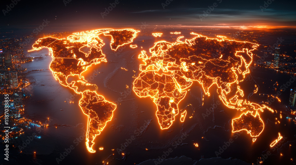 Aufkleber digital world map with glowing regions representing global connectivity, showcasing vibrant lights a