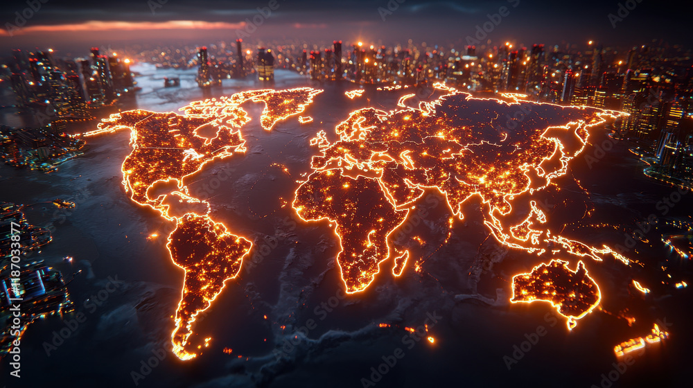Poster digital world map illuminated by glowing regions, showcasing global connectivity and urban landscape