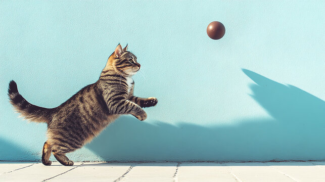 playful cat leaps towards dynamic spinning toy against vibrant blue wall, showcasing its agility and curiosity. scene captures joy of feline playtime