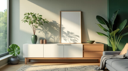 sunlit minimalist living room with blank frame greenery