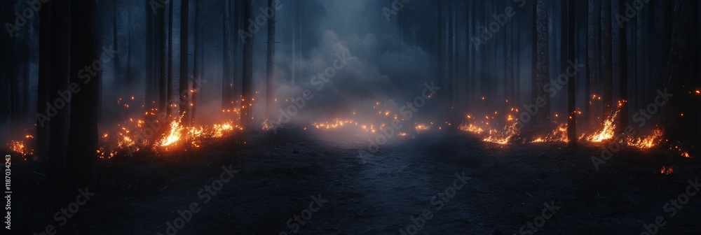 Poster intense flames engulf the forest floor, illuminating the dark woods with an eerie glow as a path of 