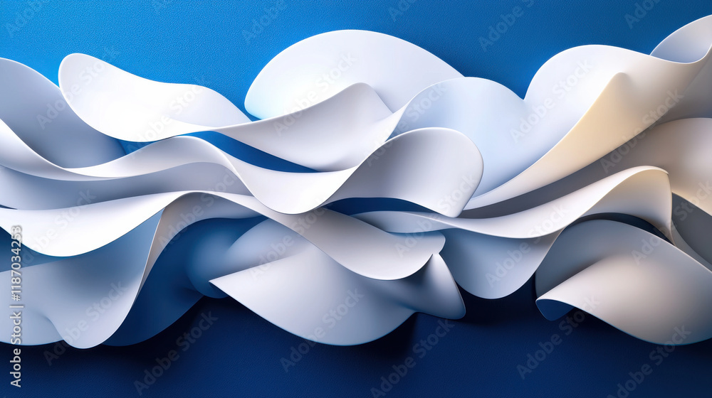 Poster dynamic composition of flowing white forms against blue background, creating sense of movement and depth. abstract design evokes feeling of tranquility and elegance