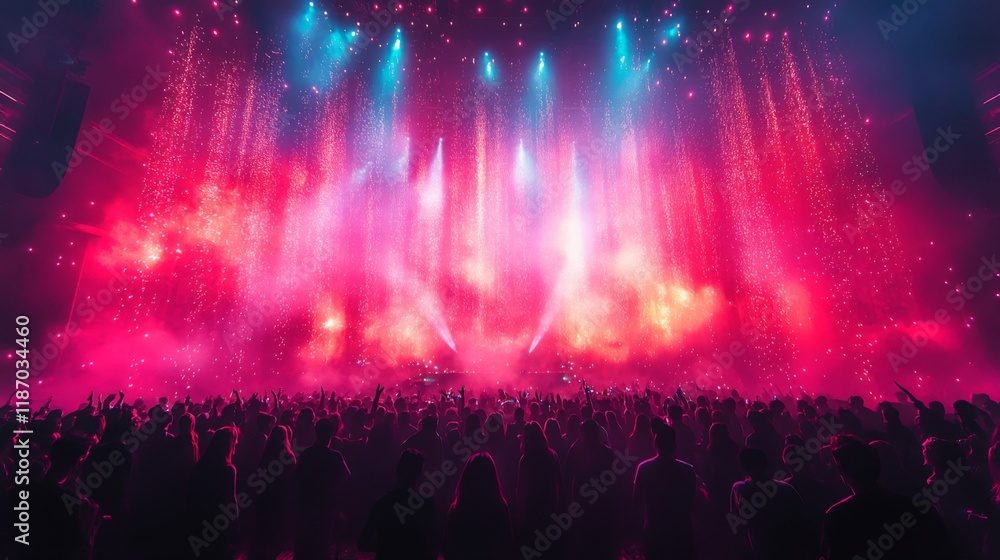 Poster a large crowd enjoys a lively musical performance as bright lights and colorful fireworks illuminate