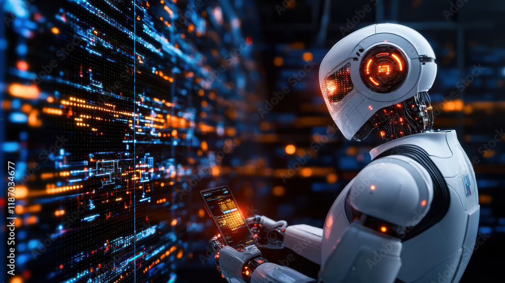 Poster futuristic robot interacting with smartphone in digital environment, showcasing advanced technology and artificial intelligence. scene is vibrant and dynamic, filled with glowing data streams