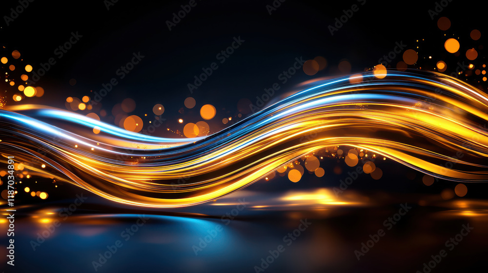 Poster abstract light trails create dreamlike flow with vibrant orange and blue hues, evoking sense of moti