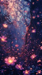 Enchanted Forest Glowing Flowers Magical Night Scene