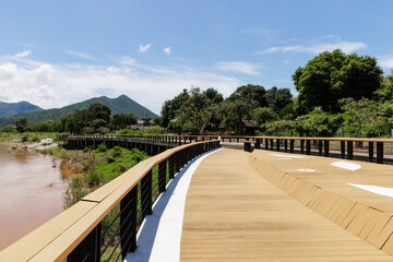 Wide angle view of Kaeng Kud Koo viewpoint, a popular tourist destination beside Me Khong River in Chiang Khan, Loei province, North Eastern of Thailand