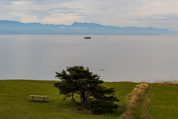 A ship travels through the water with mountains in the distance from Fort Ebey State Park, Washington State, USA.