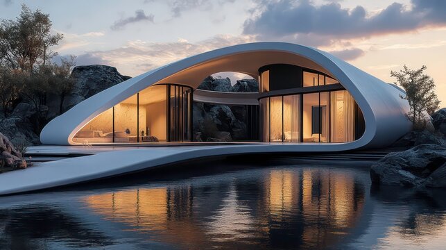 Modern architecture with an arched roof, natural rock formations, a reflective water surface, futuristic design elements, a minimalist structure, a white stone exterior, golden hour lighting