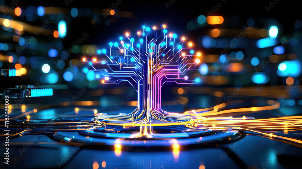 Poster dynamic concept of intelligence visualized by tree with glowing circuits, symbolizing technology and nature connection. vibrant colors create engaging atmosphere