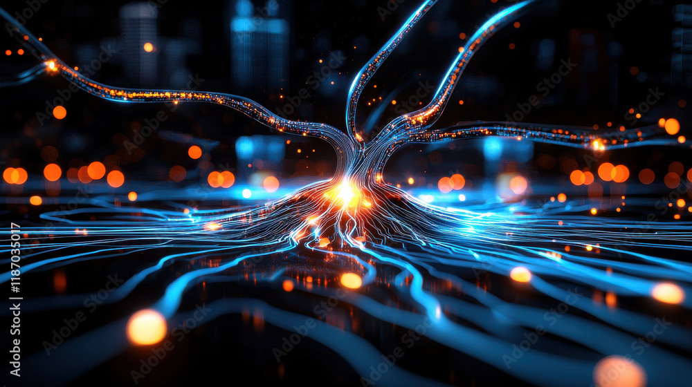 Poster dynamic concept of intelligence visualized by glowing tree structure, with vibrant blue lines and wa