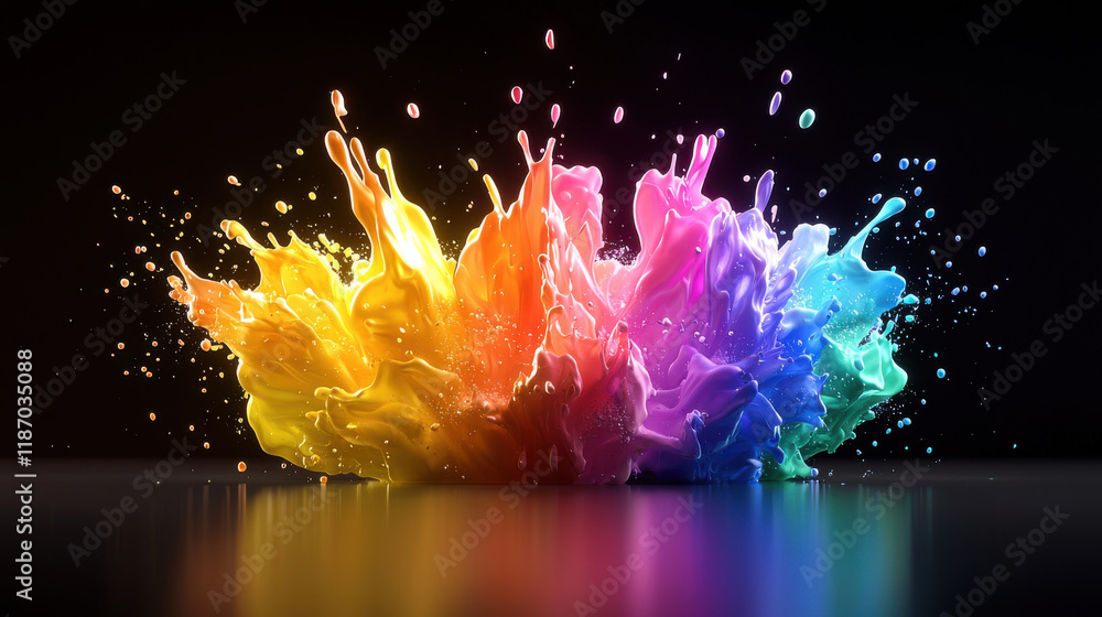 Aufkleber dynamic explosion of rainbow colors radiating outward, creating vibrant splash effect against dark b