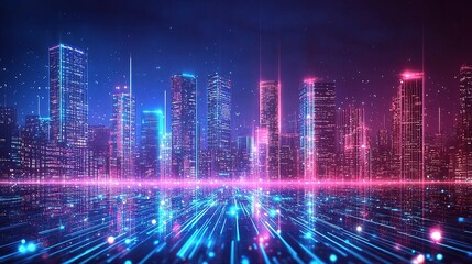 Fototapeta premium Vibrant LED Cityscape at Night with Futuristic Illuminating Lights