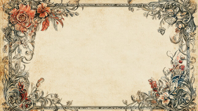 Vintage floral ornate border on aged paper