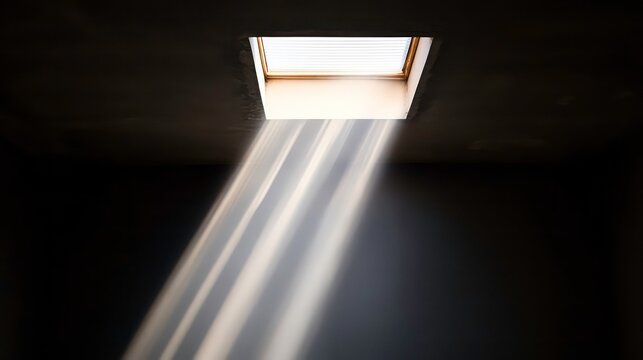 Light from the sun shining through a small opening for ventilation in the ceiling for a copy space image