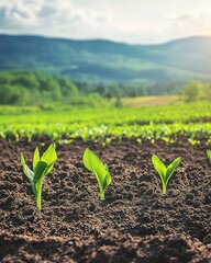 Young Plants Growing in Rich Soil Under a Sunny Sky Serene Rural Landscape