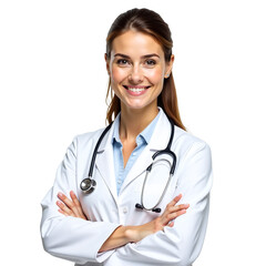 Professional Young Woman Doctor with Stethoscope on Transparent White Background, PNG