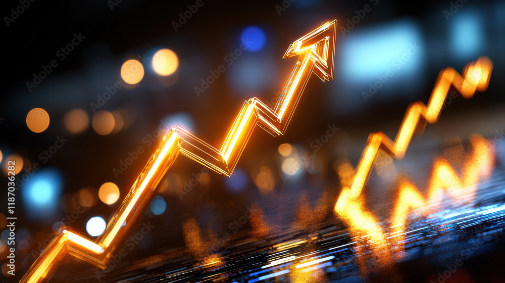 Poster glowing upward trend graph symbolizing financial growth and success, with vibrant orange lines again