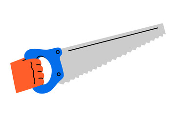 Hand drawn cute cartoon illustration of hand with saw instrument. Flat vector sharp repair tool with blade in arm doodle. Support service icon. Settings or fix problem sticker. Find solution. Isolated