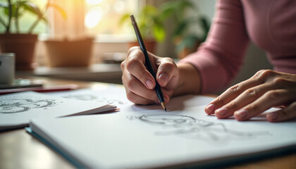 Person sketching artwork in a bright indoor environment
