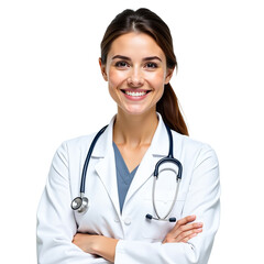 Fototapeta premium Portrait of Smiling Female Doctor with Stethoscope on Transparent Background, PNG
