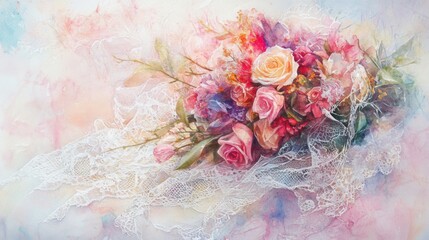 Elegant floral arrangement art studio watercolor painting soft pastel background close-up perspective romantic aesthetic