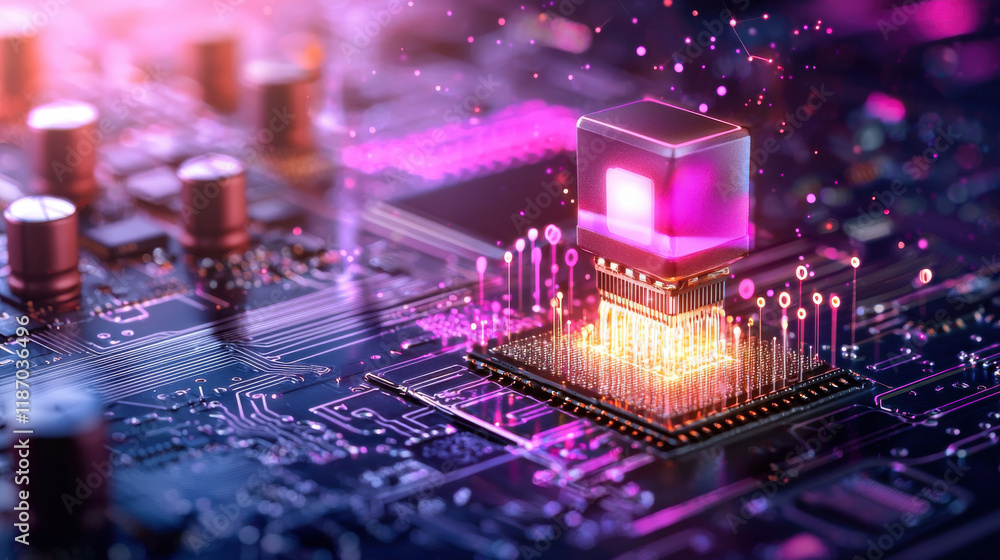 Poster vibrant image of microchip with glowing elements, showcasing fusion of technology and innovation in electronics. intricate circuit board highlights future of computing