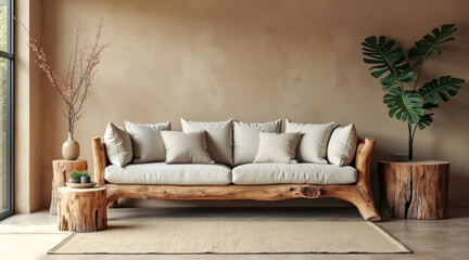 beige fabric couch on wooden base a room with neutral walls