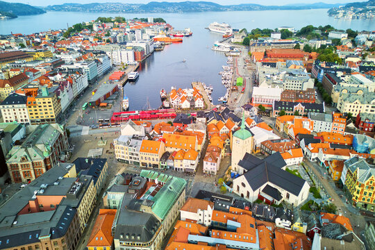 Aerial view of Bergen old town centre and harbour, Norway