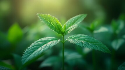 A Single Young Mint Plant Growing In Sunlight