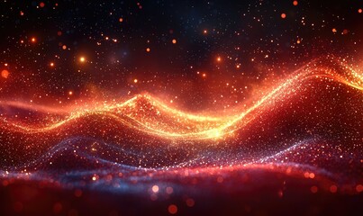 Obraz premium Abstract red and blue particle wave flowing in dark space background for digital art.