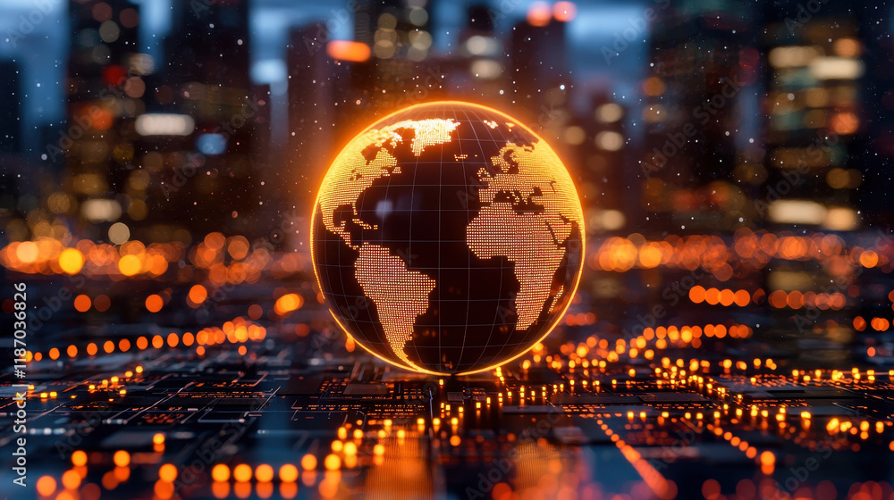 Poster glowing globe representing global trade trends and technology, surrounded by digital landscape of ci