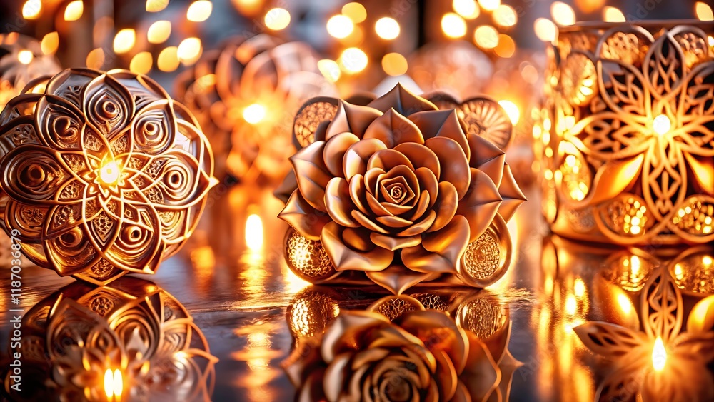 Poster a close-up of golden roses and a decorative sphere adorned with intricate patterns, illuminated by w