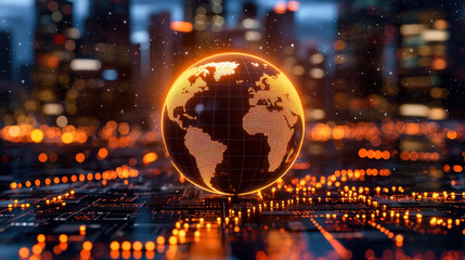 glowing globe representing global trade trends and technology, surrounded by digital landscape of circuits and lights, symbolizes interconnectedness and innovation