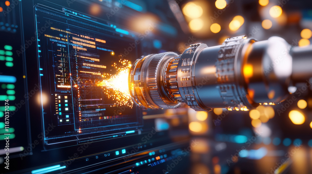 Leinwandbilder futuristic image showcasing advanced technology with glowing device emitting sparks, surrounded by digital data and vibrant lights