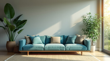 teal sofa a sunlit living room