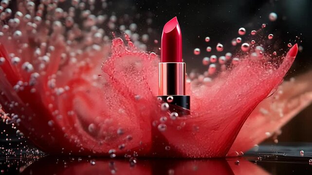 In a stunning visual display, vibrant lipstick emerges from swirls of colors and bubbles, highlighting the allure of makeup artistry in an aesthetically pleasing composition.