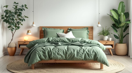 sage green bedding set rests on a light wooden bed frame a calm bedroom setting