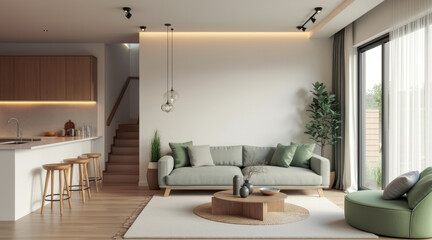 modern minimalist living room with sage-green sofa wooden coffee table