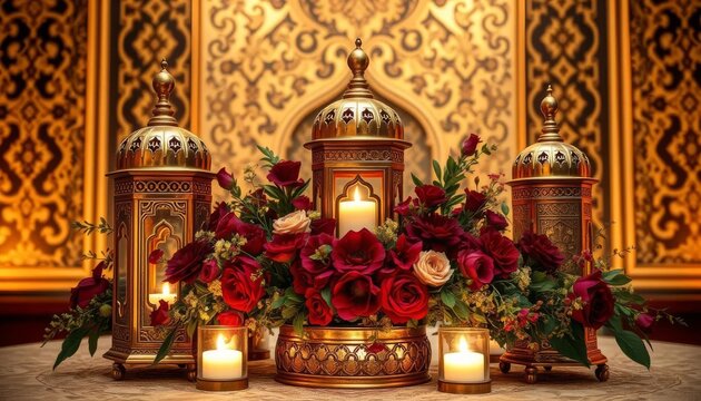 Ornate Lanterns Candles and Roses Centerpiece