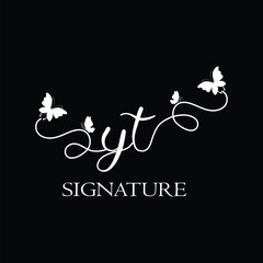 YT Handwritten initial letter, YT simple signature vector logo with butterfly shape variation, beauty, photography letter logo design. Y T