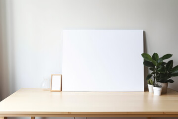 White board sits on a desk with a potted plant and a pen.