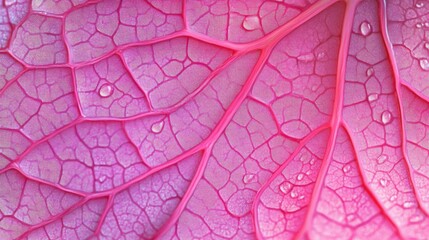 Fototapeta premium Pink Leaf Veins Water Droplets Close Up