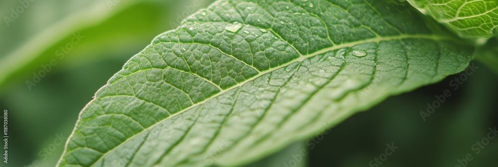 Poster sparkling water drops clinging to the intricate veins of a vibrant green leaf create a refreshing de