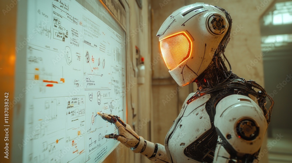 Poster futuristic robot examining data on a digital whiteboard in a laboratory setting.
