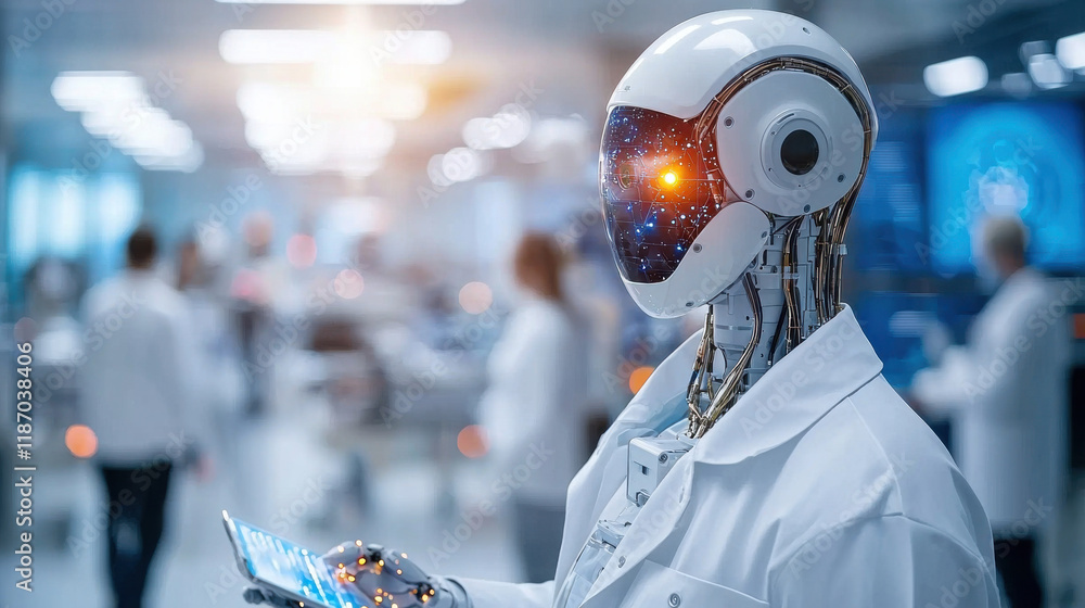 Poster futuristic robot in lab coat holds tablet, symbolizing ai role in healthcare. scene showcases advanc