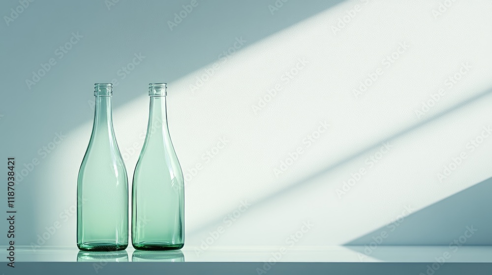 Aufkleber minimalist glass bottles on a sleek surface with cool ambient light creating a serene and refreshing