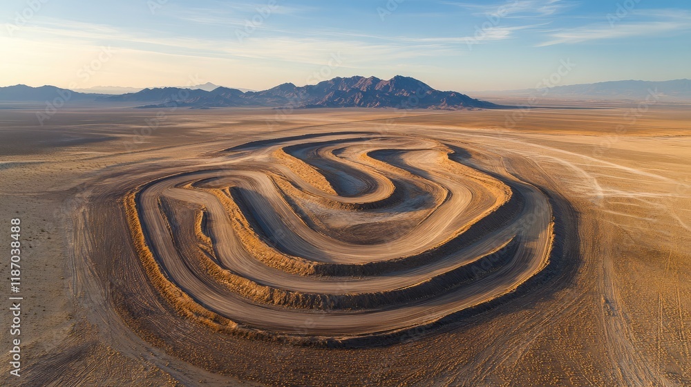 Poster aerial view of unique winding patterns in a vast desert landscape with ample negative space for cust